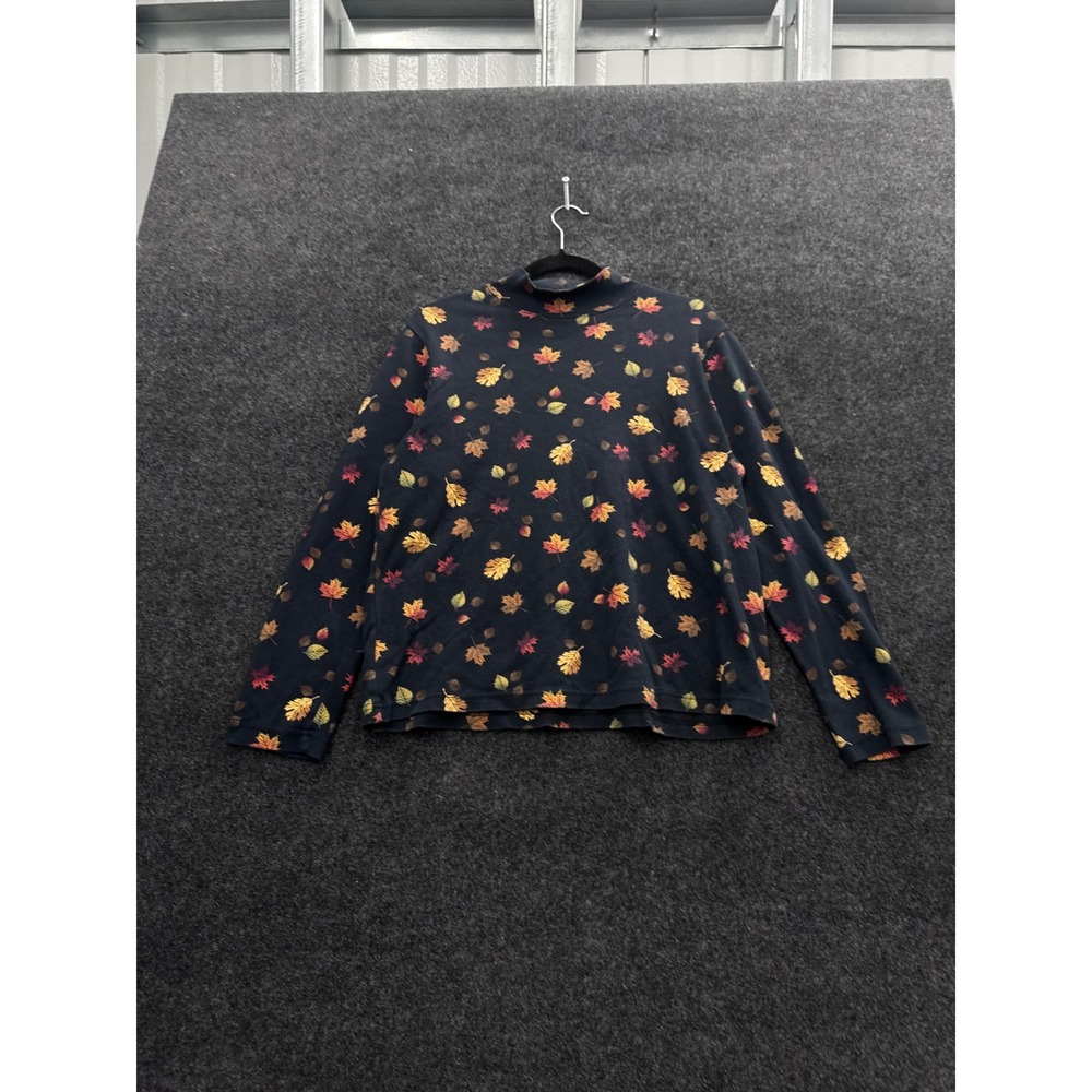 Croft & Barrow Womens XL Mock Neck Long Sleeve Fall Autumn Leaf Print Top Black